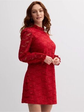 Draper James Red Lace Mock Neck Mini Dress Ruffle Long Sleeve M Orig $175